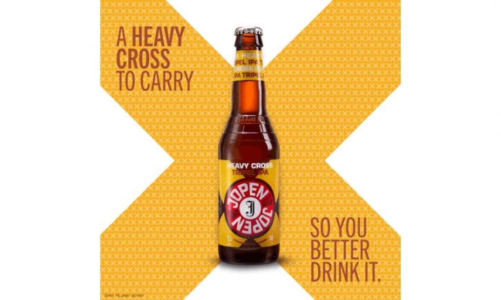 Jopen Heavy cross tripel IPA flesje voor een kruis met wat teksten erop